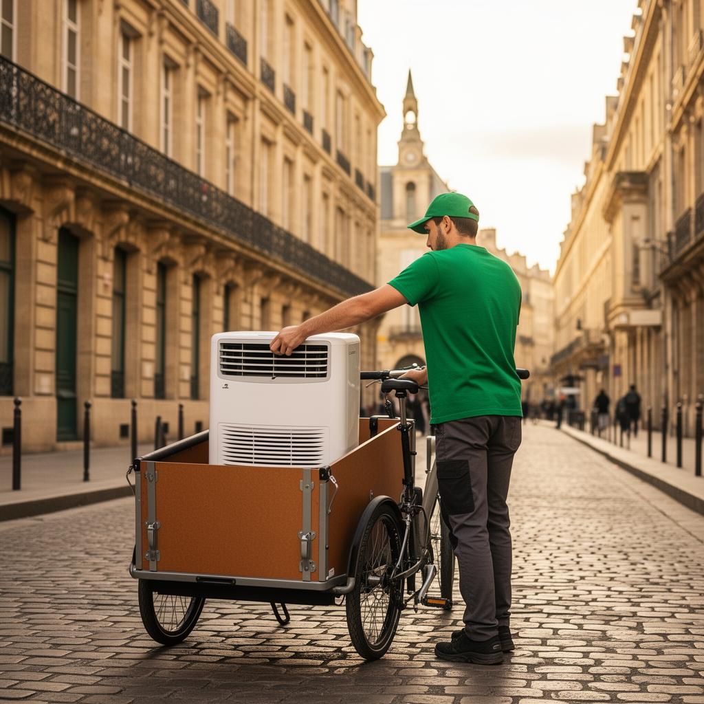 Livreur ClimLoc transportant un climatiseur à Bordeaux